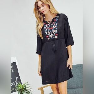 DAVI & DANI Black Midi Dress with Floral Embroidered Yoke